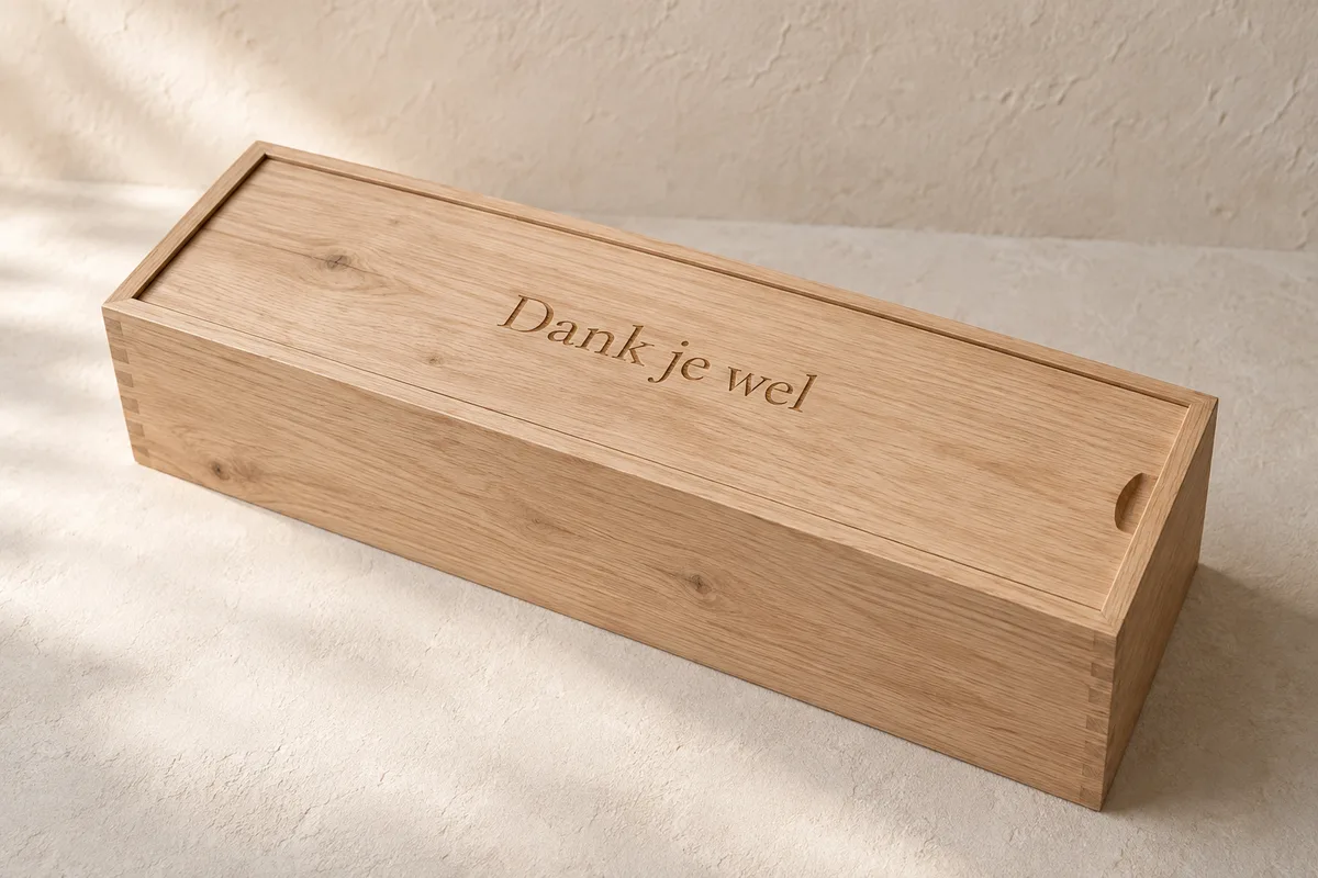 Gesloten houten wijnkist met Dank je wel, zonder inhoud