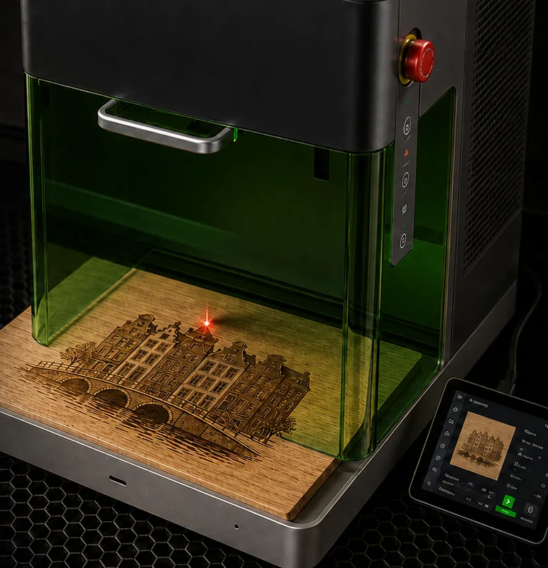 Lasergraveermachine graveert een Amsterdamse gevel op hout