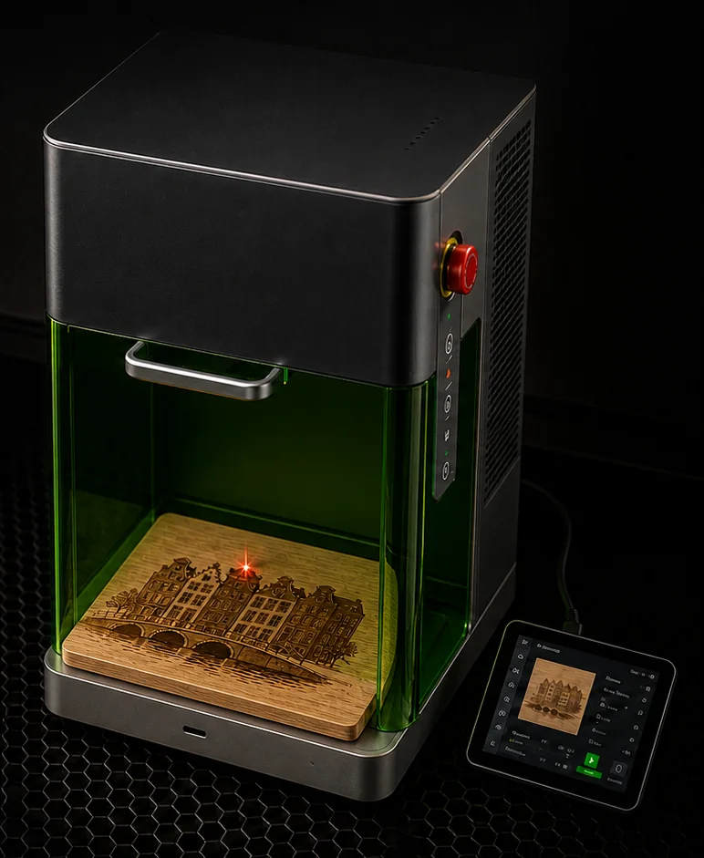 Lasergraveermachine met een gravure van Amsterdam op hout