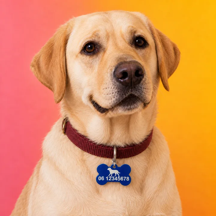 Achterkant van een donkerblauwe hondenpenning met een telefoonnummer en een hondje
