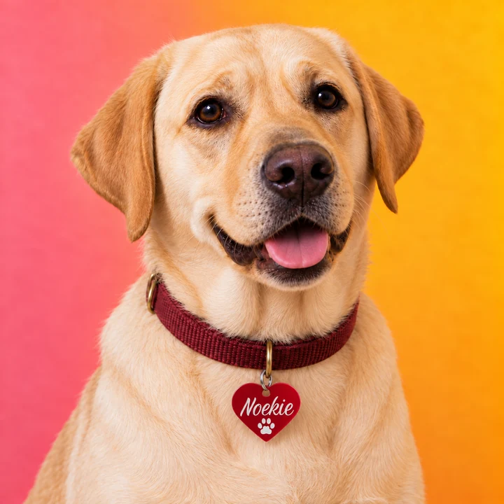 Labrador met een rood aluminium hartpenning met de naam Noekie en een pootje