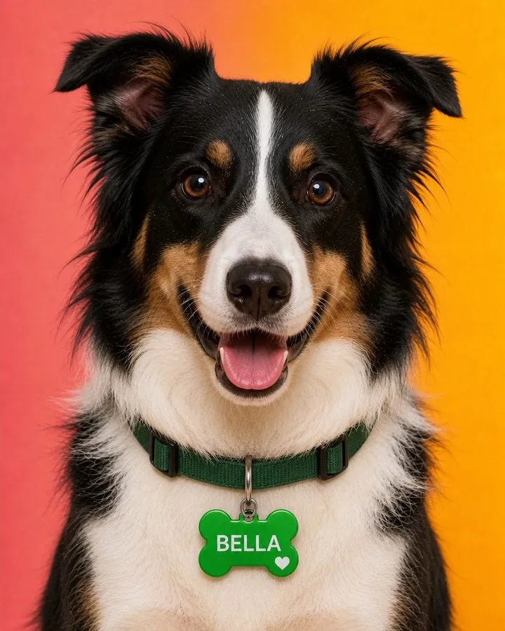 Border collie met een groene gegraveerde hondenpenning waarin BELLA staat