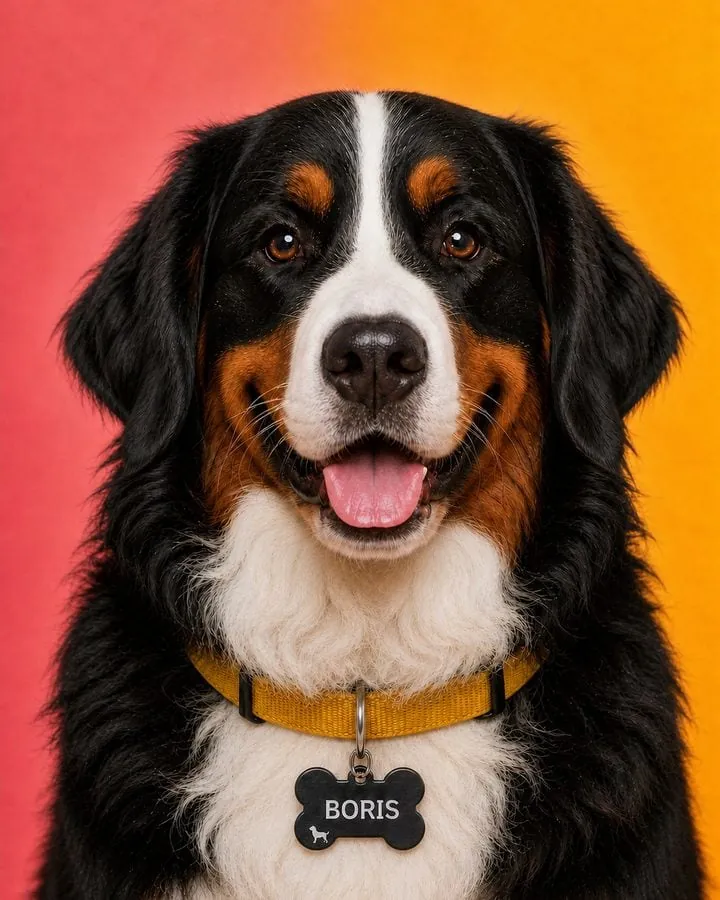 Berner sennen met een zwarte gegraveerde hondenpenning waarin BORIS staat