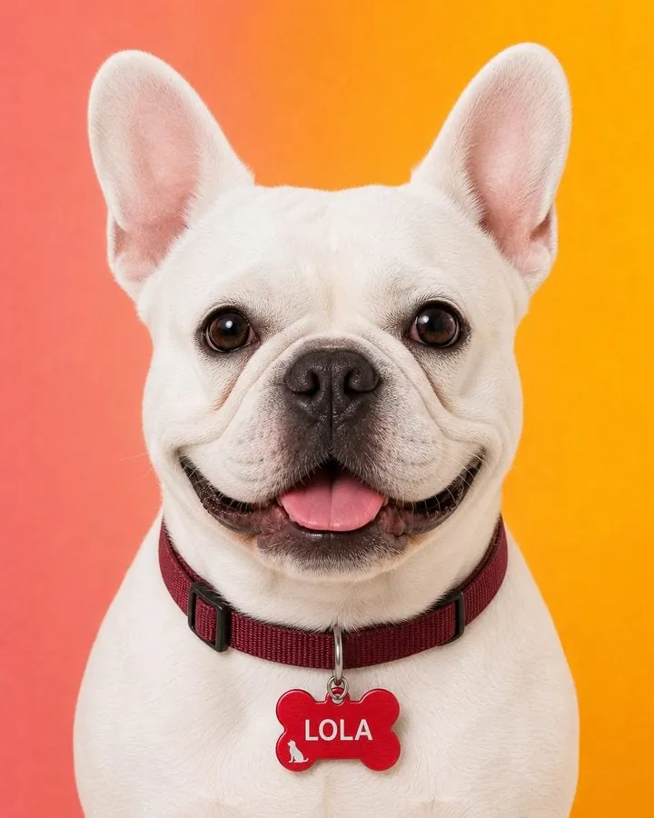 Witte Franse bulldog met een rode gegraveerde hondenpenning waarin LOLA staat