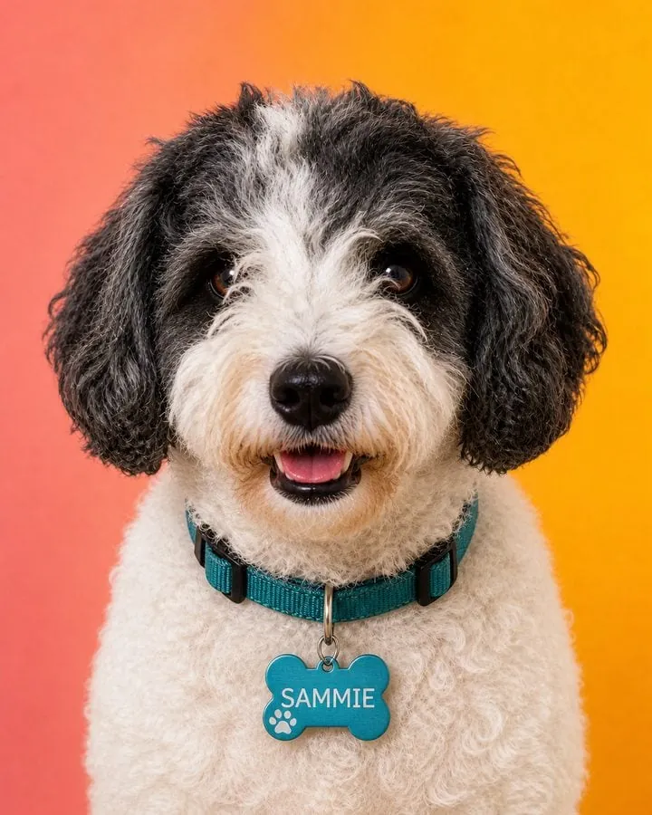 Zwart-witte bernedoodle met een lichtblauwe gegraveerde hondenpenning waarin SAMMIE staat