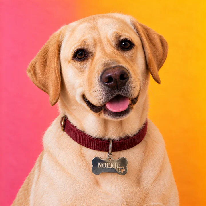 Labrador met een stalen botpenning met de naam Noekie