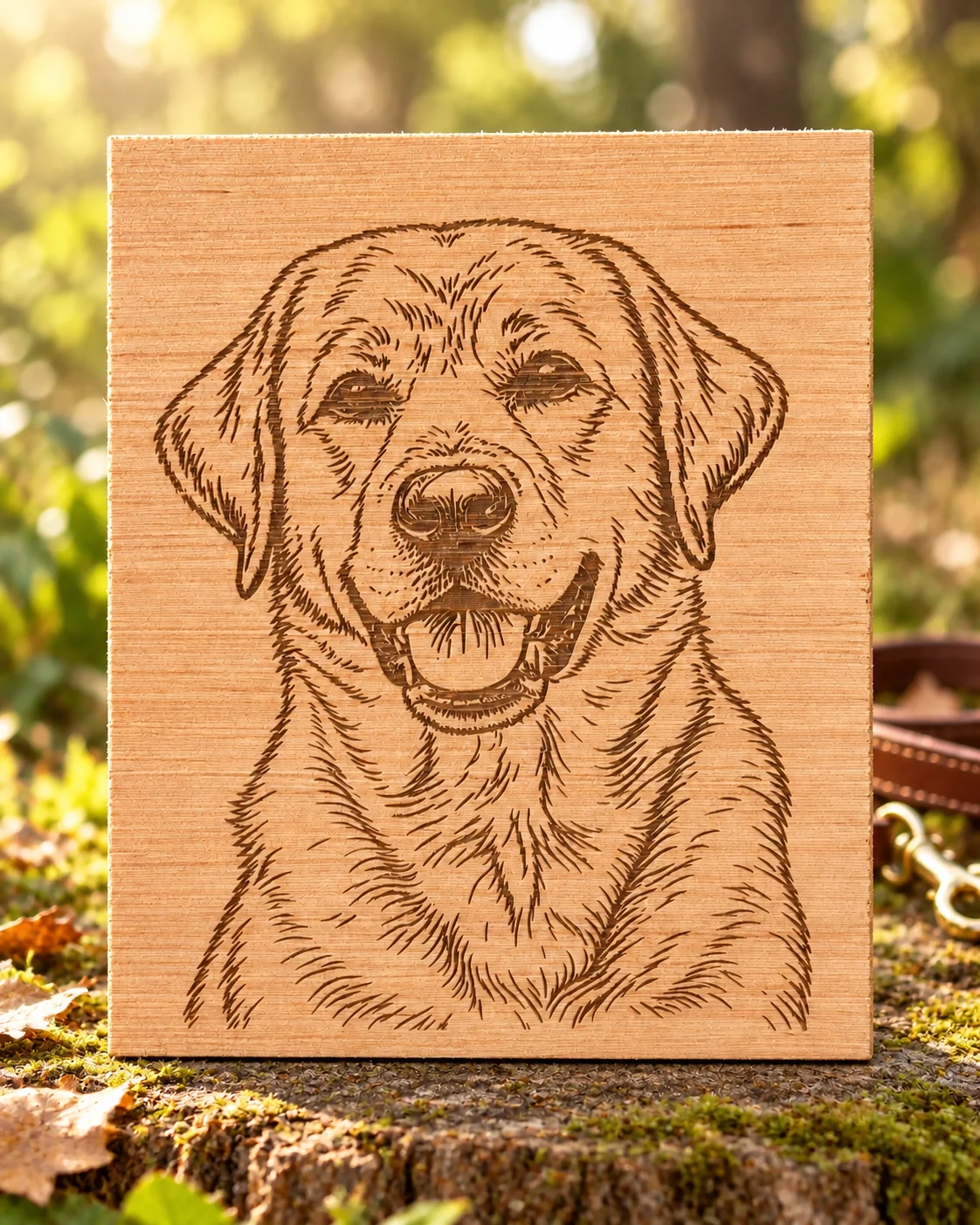 Lijnportret van een labrador gegraveerd in een houten plaat, buiten op mos