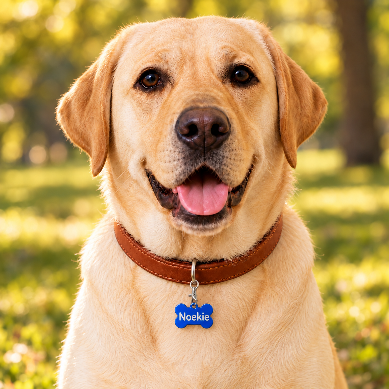 Labrador met een blauwe aluminium hondenpenning in botvorm met de naam Noekie