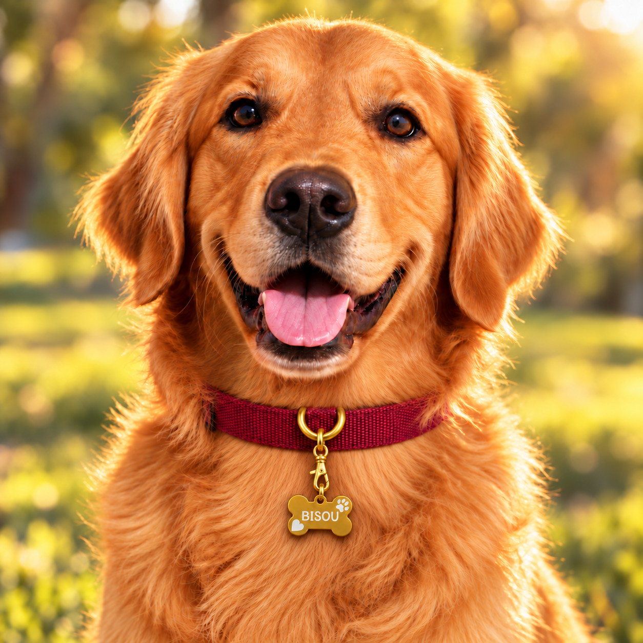 Golden retriever met een gouden aluminium botpenning met de naam Bisou
