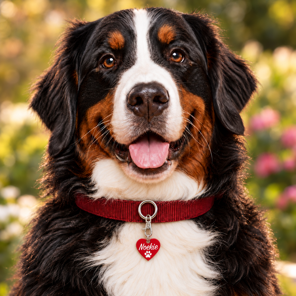 Berner sennenhond met een rode aluminium hondenpenning in hartvorm met de naam Noekie